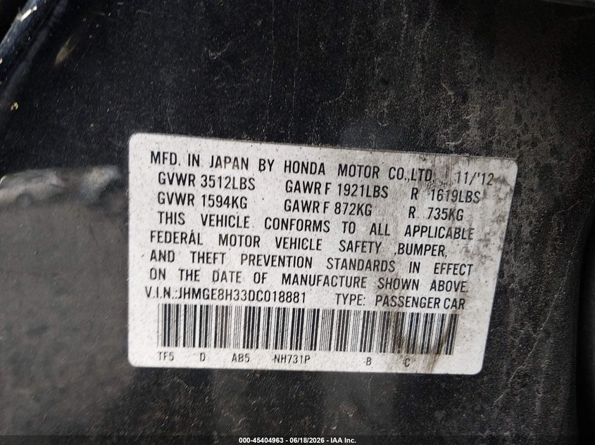 2013 Honda Fit VIN JHMGE8H33DC018881 IAAI salvage auction — ROLLOVER, Salvage (Ohio), sold $225 on 2026-07-14 (photo 9)