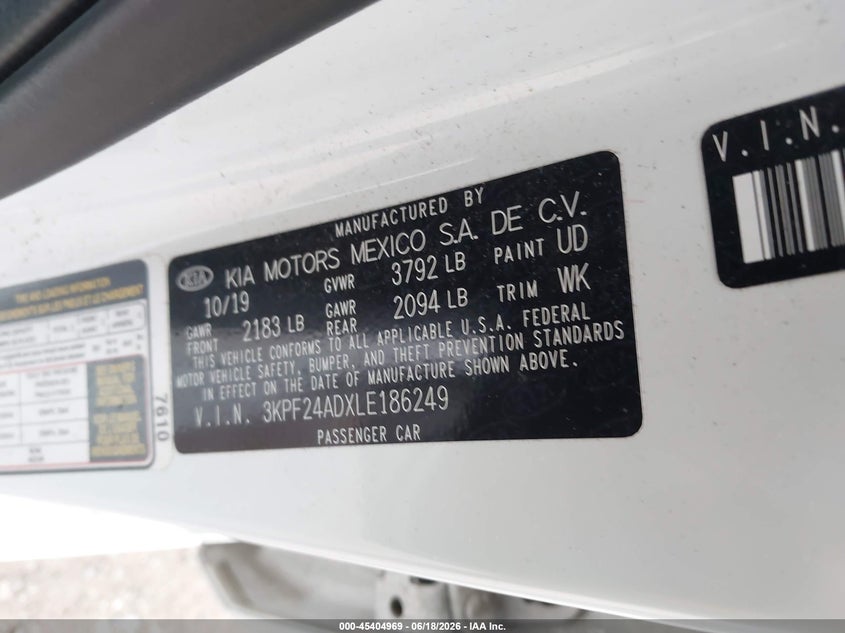 2020 Kia Forte VIN 3KPF24ADXLE186249 IAAI salvage auction — REAR END, Salvage (New Jersey), sold $4,375 on 2026-09-13 (photo 9)