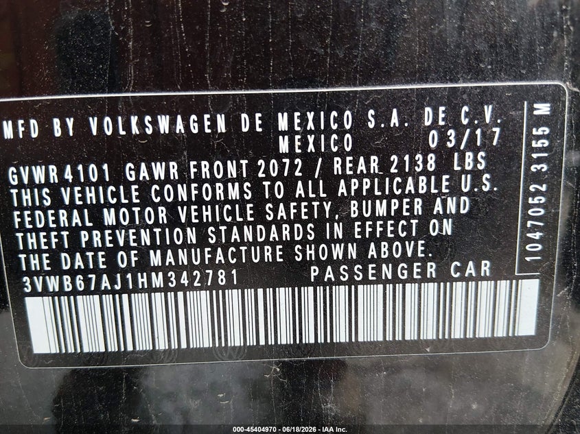 2017 Volkswagen Jetta VIN 3VWB67AJ1HM342781 IAAI salvage auction — SIDE, Salvage Title, sold $1,300 on 2026-07-20 (photo 9)