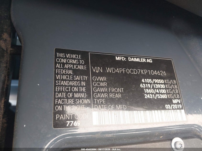 2019 Mercedes-benz Sprinter VIN WD4PF0CD7KP104626 IAAI salvage auction — FRONT & REAR, Clear (Texas), sold $12,750 on 2026-07-13 (photo 9)