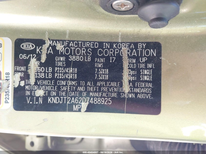 2013 Kia Soul VIN KNDJT2A62D7488925 IAAI salvage auction — NORMAL WEAR, Clear (Maryland), sold $450 on 2026-07-21 (photo 9)