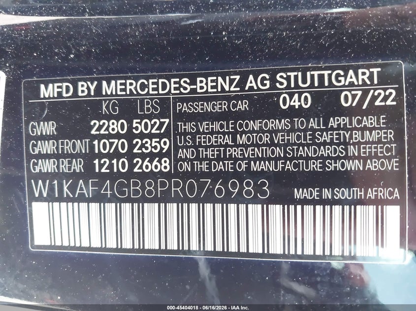 2023 Mercedes-benz VIN W1KAF4GB8PR076983 IAAI salvage auction — FRONT END, Rebuildable (Florida), sold $14,800 on 2026-07-30 (photo 9)