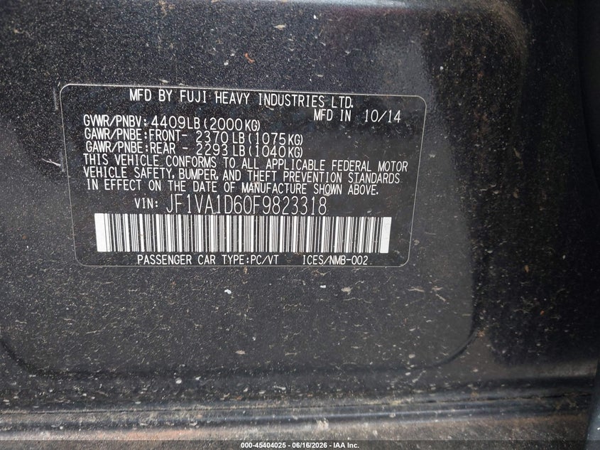 2015 Subaru Wrx VIN JF1VA1D60F9823318 IAAI salvage auction — UNKNOWN, Clear (South Carolina), sold $4,125 on 2026-07-31 (photo 9)