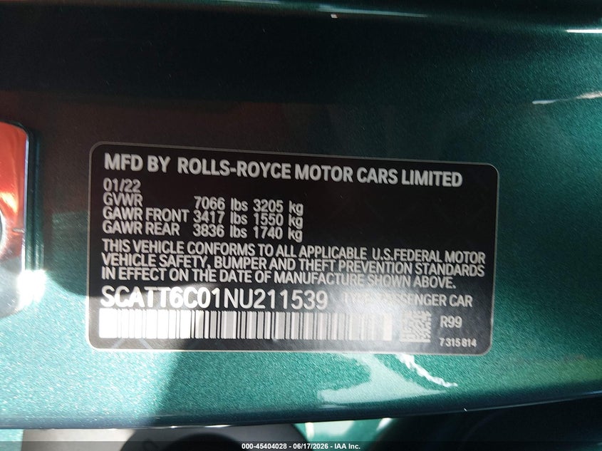 2022 Rolls-royce Phantom VIN SCATT6C01NU211539 IAAI salvage auction — UNDERCARRIAGE, Rebuildable (Florida), sold $180,000 on 2026-07-27 (photo 9)