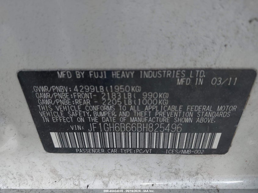 2011 Subaru Impreza VIN JF1GH6B66BH825496 IAAI salvage auction — NORMAL WEAR, Clear (Pennsylvania), sold $525 on 2026-07-14 (photo 9)