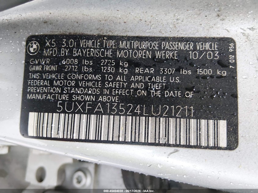 2004 BMW X5 VIN 5UXFA13524LU21211 IAAI salvage auction — LEFT SIDE, Repossession Paperwork (South Carolina), sold $275 on 2026-07-22 (photo 9)