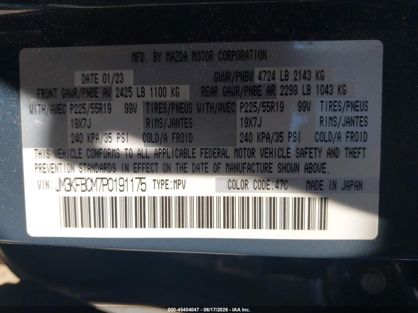 2023 Mazda Cx-5 VIN JM3KFBCM7P0191175 IAAI salvage auction — SIDE, Salvage Title, sold $8,950 on 2026-07-20 (photo 9)