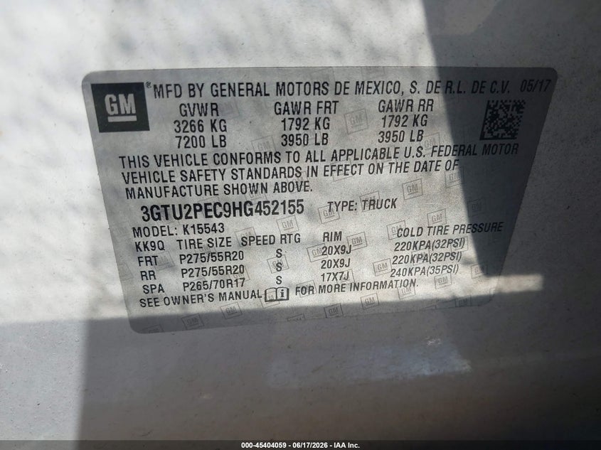 2017 Gmc VIN 3GTU2PEC9HG452155 IAAI salvage auction — FRONT END, Salvage Title, sold $7,500 on 2026-07-31 (photo 9)