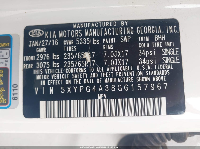 2016 Kia Sorento VIN 5XYPG4A38GG157967 IAAI salvage auction — NORMAL WEAR, Clear (Georgia), sold $1,150 on 2026-07-10 (photo 9)