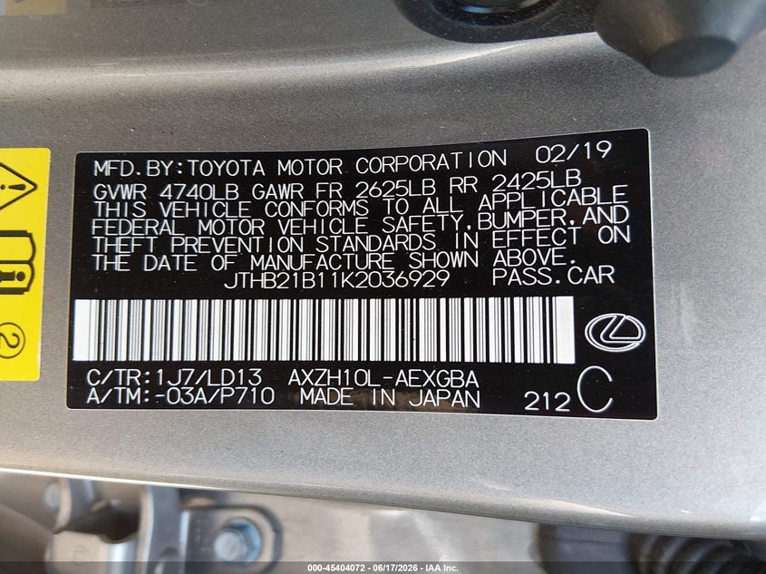 2019 Lexus VIN JTHB21B11K2036929 IAAI salvage auction — FRONT END, Salvage (North Carolina), sold $7,400 on 2026-07-09 (photo 9)