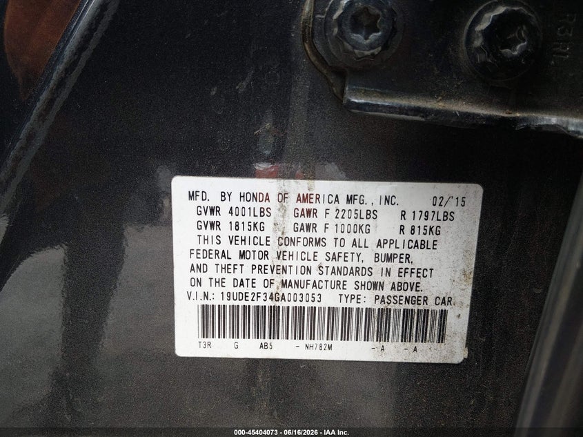 2016 Acura Ilx VIN 19UDE2F34GA003053 IAAI salvage auction — RIGHT FRONT, Salvage (Tennessee), sold $1,600 on 2026-07-09 (photo 9)