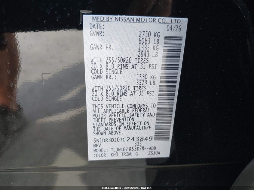 2026 Nissan Pathfinder VIN 5N1DR3DJ0TC243849 IAAI salvage auction — RIGHT FRONT, Salvage Title, sold $14,200 on 2026-08-01 (photo 9)