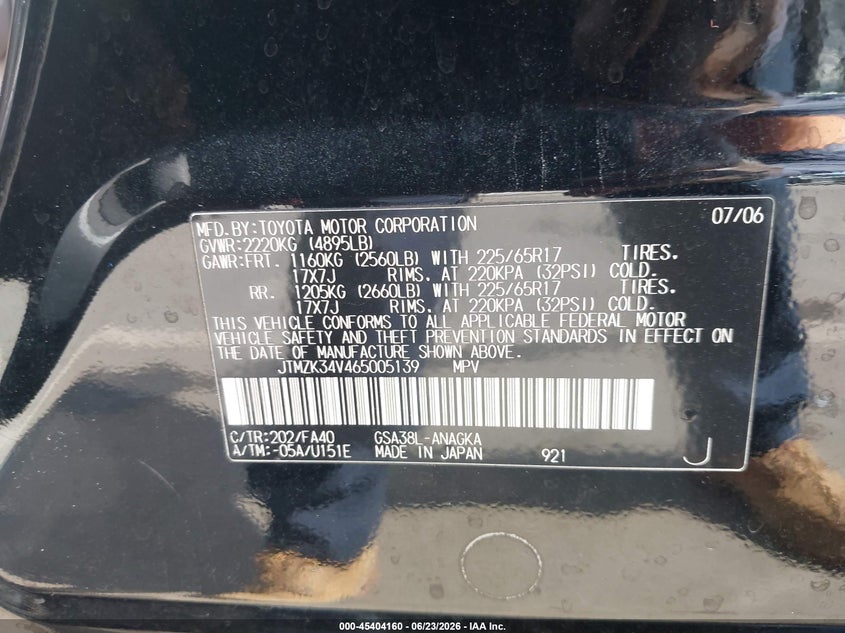 2006 Toyota Rav 4 VIN JTMZK34V465005139 IAAI salvage auction — REAR END, Salvage (North Carolina), sold $1,350 on 2026-07-22 (photo 9)