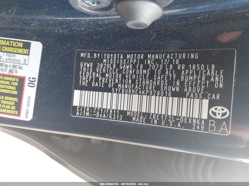 2019 Toyota Corolla VIN 5YFBURHE4KP928016 IAAI salvage auction — LEFT SIDE, Rebuildable (Florida), sold $3,950 on 2026-07-09 (photo 9)