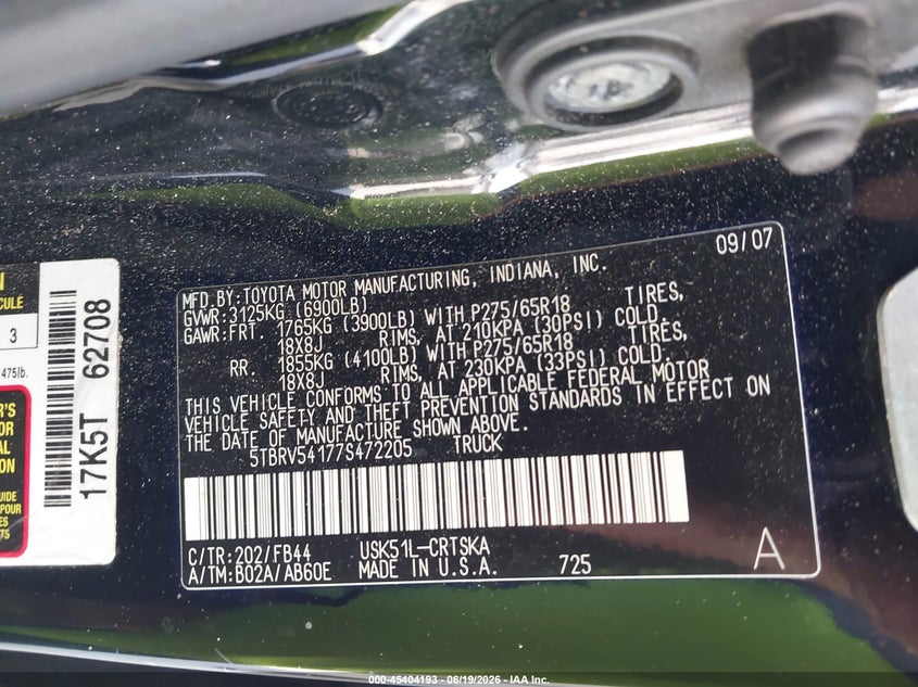 2007 Toyota Tundra VIN 5TBRV54177S472205 IAAI salvage auction — LEFT FRONT, Rebuildable (Florida), sold $4,150 on 2026-07-08 (photo 9)