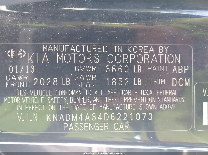 2013 Kia Rio VIN KNADM4A34D6221073 IAAI salvage auction — NORMAL WEAR, Clear-Dealer Only (Maryland), sold $400 on 2026-07-16 (photo 9)