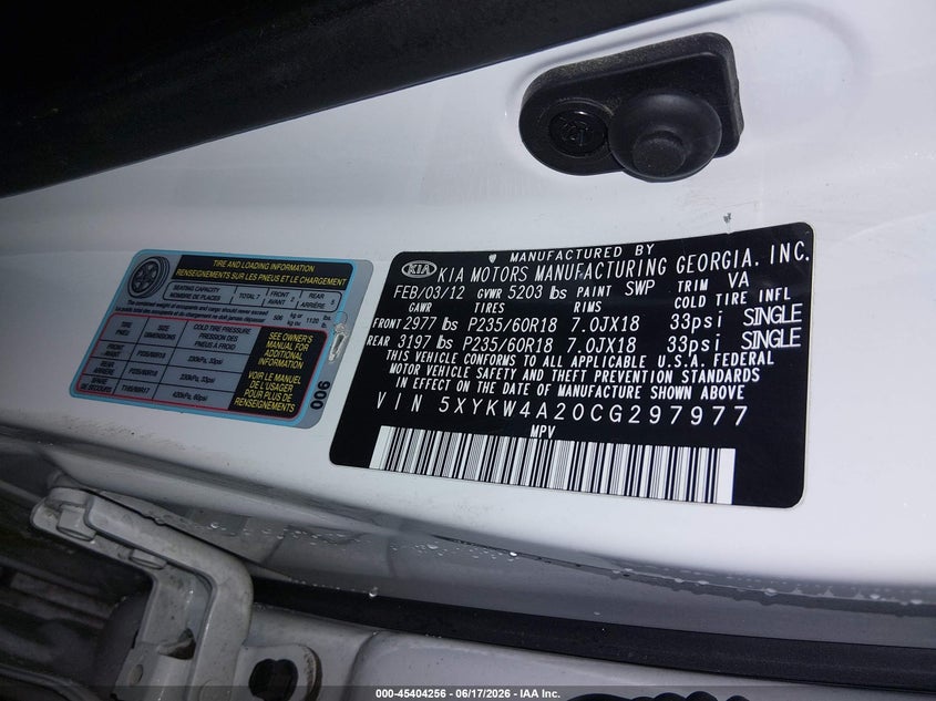 2012 Kia Sorento VIN 5XYKW4A20CG297977 IAAI salvage auction — REAR END, Salvage (Idaho), sold $2,750 on 2026-07-10 (photo 9)
