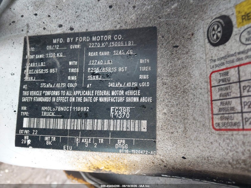 2012 Ford Transit VIN NM0LS7BN0CT118882 IAAI salvage auction — NORMAL WEAR, Clear (New York), sold $500 on 2026-07-14 (photo 9)