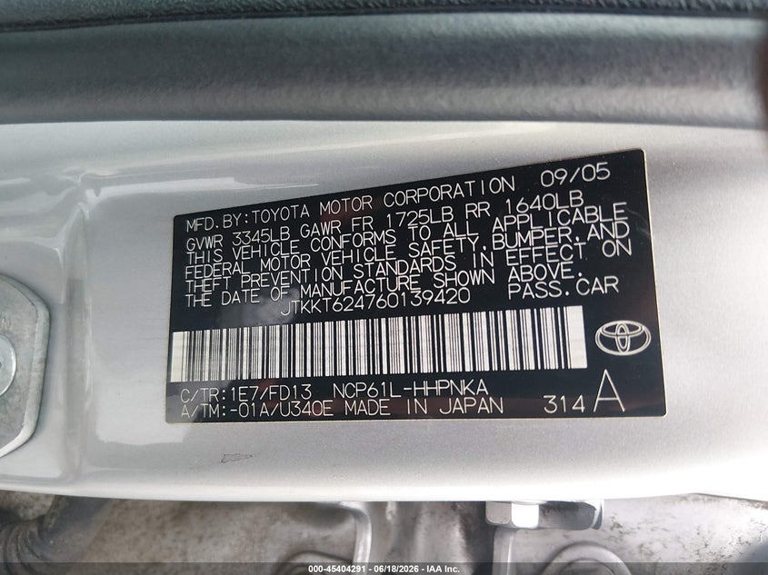 2006 Scion Xa VIN JTKKT624760139420 IAAI salvage auction — NORMAL WEAR, Clear (Louisiana), sold $575 on 2026-07-06 (photo 9)