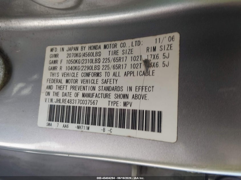 2007 Honda Cr-v VIN JHLRE48317C037567 IAAI salvage auction — FRONT & REAR, Original (Ohio), sold $25 on 2026-07-21 (photo 9)