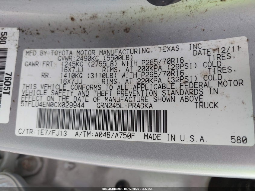 2012 Toyota Tacoma VIN 5TFLU4EN0CX029944 IAAI salvage auction — LEFT SIDE, Salvage Title, sold $5,800 on 2026-07-22 (photo 9)