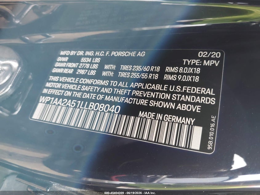 2020 Porsche Macan VIN WP1AA2A51LLB08040 IAAI salvage auction — FRONT END, Salvage Title, sold $12,150 on 2026-08-18 (photo 9)