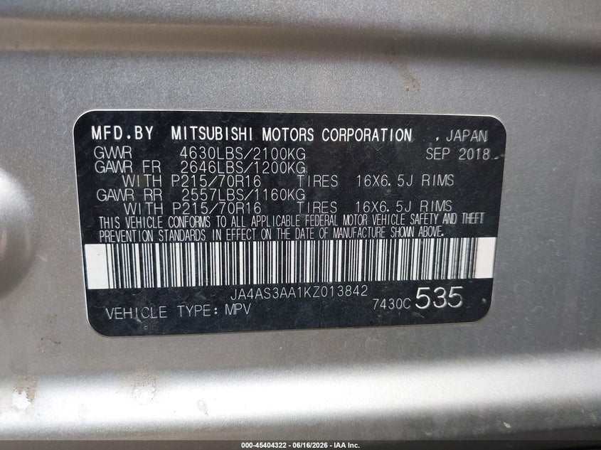 2019 Mitsubishi Eclipse cross VIN JA4AS3AA1KZ013842 IAAI salvage auction — RIGHT FRONT, Salvage (Indiana), sold $2,025 on 2026-07-15 (photo 9)