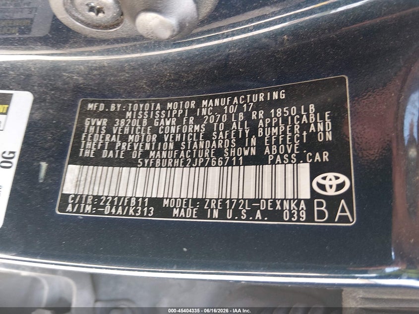 2018 Toyota Corolla VIN 5YFBURHE2JP766711 IAAI salvage auction — FRONT END, Rebuildable (Florida), sold $2,500 on 2026-07-14 (photo 9)