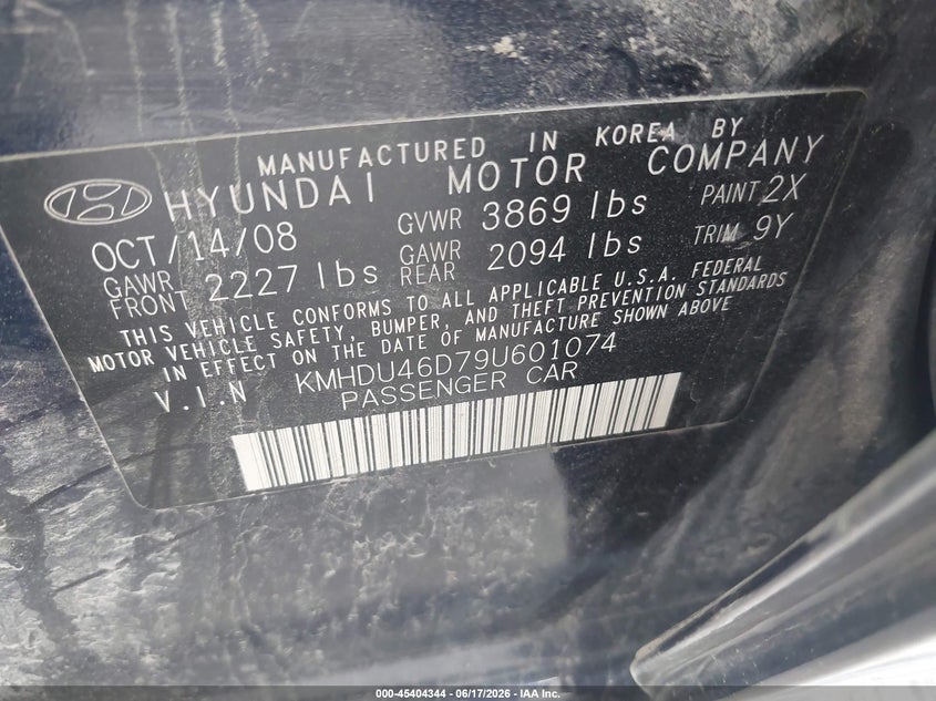 2009 Hyundai Elantra VIN KMHDU46D79U601074 IAAI salvage auction — FRONT END, Clear (Indiana), sold $25 on 2026-07-15 (photo 9)