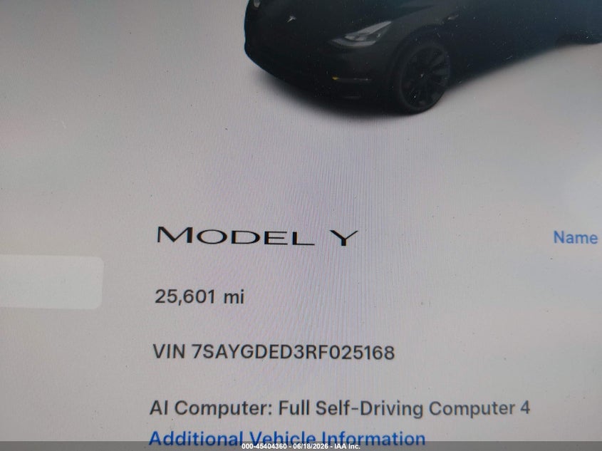 2024 Tesla Model y VIN 7SAYGDED3RF025168 IAAI salvage auction — REAR END, Salvage Title, sold $8,100 on 2026-07-31 (photo 7)