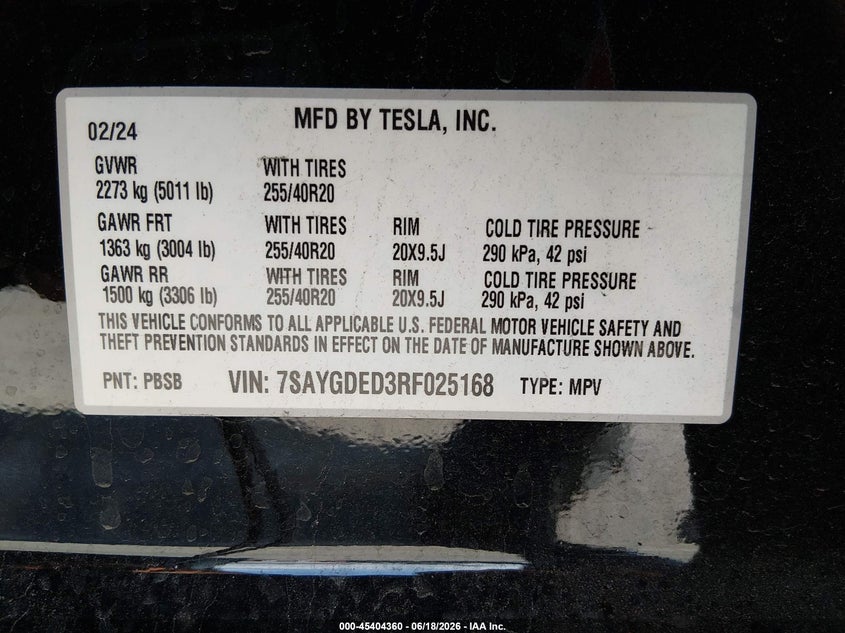 2024 Tesla Model y VIN 7SAYGDED3RF025168 IAAI salvage auction — REAR END, Salvage Title, sold $8,100 on 2026-07-31 (photo 9)