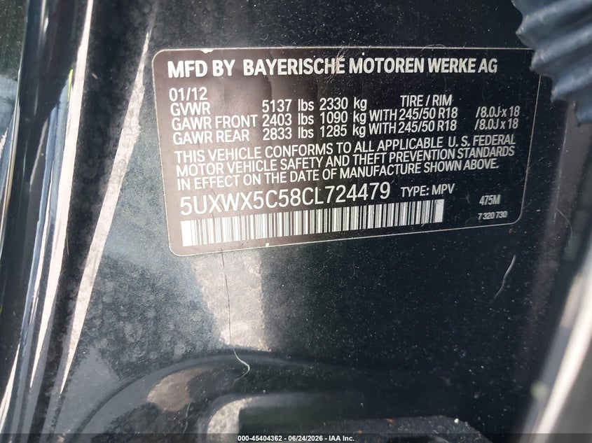 2012 BMW X3 VIN 5UXWX5C58CL724479 IAAI salvage auction — NORMAL WEAR, Clear (Florida), sold $225 on 2026-07-29 (photo 9)