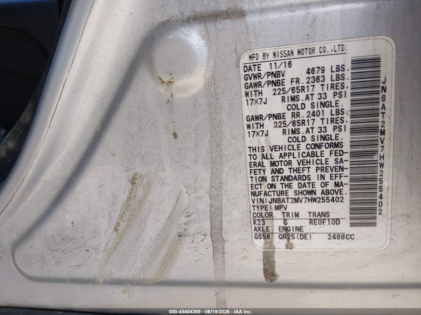 2017 Nissan Rogue VIN JN8AT2MV7HW255402 IAAI salvage auction — LEFT SIDE, Salvage - Greater Than 75% (Maryland), sold $1,300 on 2026-07-16 (photo 9)