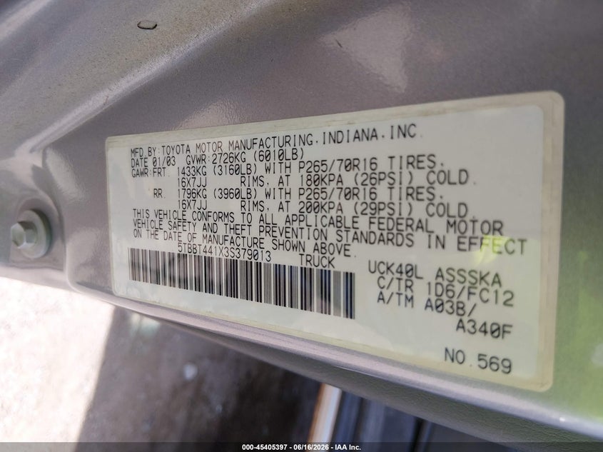 2003 Toyota Tundra VIN 5TBBT441X3S379013 IAAI salvage auction — NORMAL WEAR, Certificate Of Title (Nebraska), sold $800 on 2026-07-23 (photo 9)