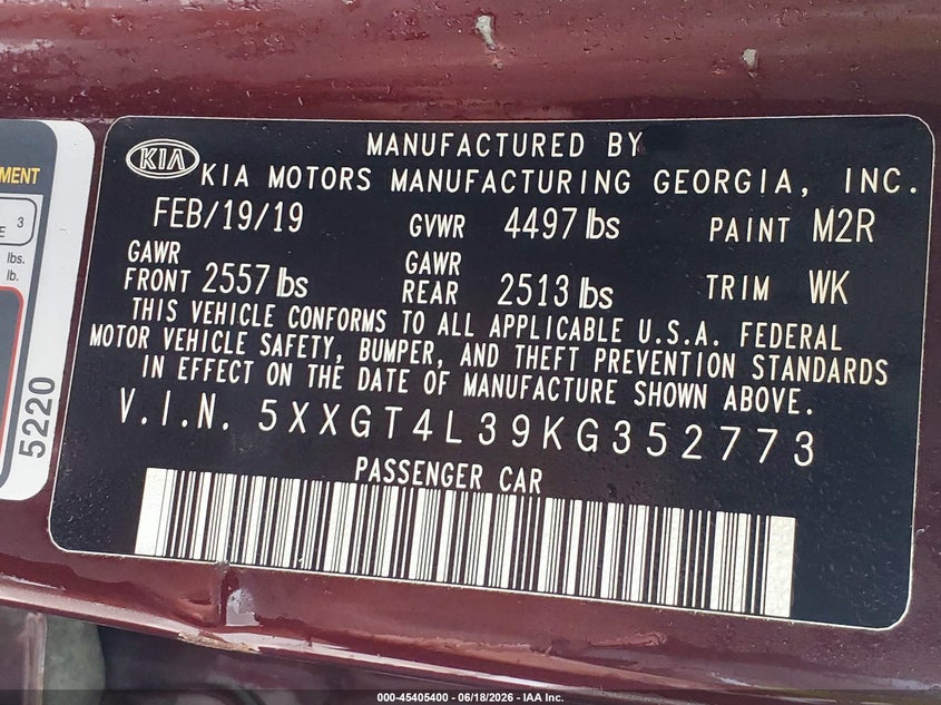 2019 Kia Optima VIN 5XXGT4L39KG352773 IAAI salvage auction — MECHANICAL, Salvage (Louisiana), sold $2,150 on 2026-07-28 (photo 9)