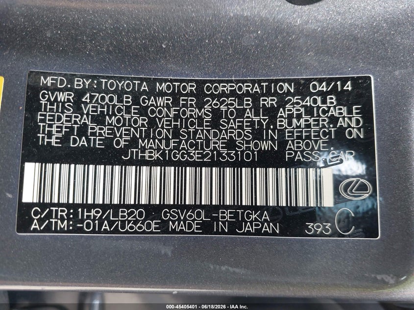 2014 Lexus ES VIN JTHBK1GG3E2133101 IAAI salvage auction — FRONT END, Salvage (Virginia), sold $4,750 on 2026-07-15 (photo 9)