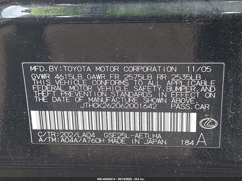 2006 Lexus Is VIN JTHCK262062001642 IAAI salvage auction — LEFT REAR, Clear (Virginia), sold $1,150 on 2026-07-19 (photo 9)