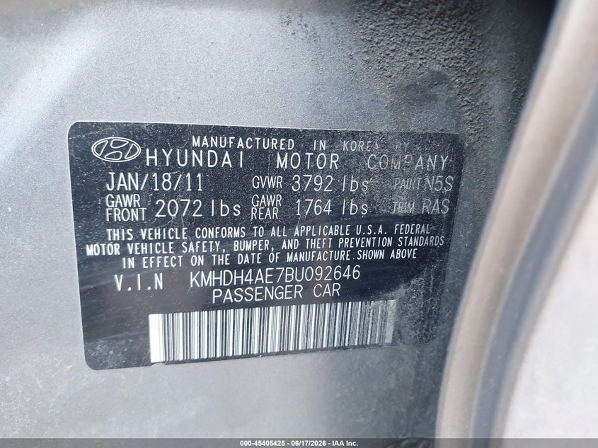 2011 Hyundai Elantra VIN KMHDH4AE7BU092646 IAAI salvage auction — FRONT END, Salvage (North Carolina), sold $475 on 2026-07-20 (photo 9)