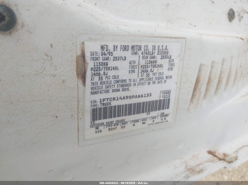 1995 Ford Ranger VIN 1FTCR14A9SPA66133 IAAI salvage auction — NORMAL WEAR, Original (Texas), sold $700 on 2026-07-09 (photo 9)