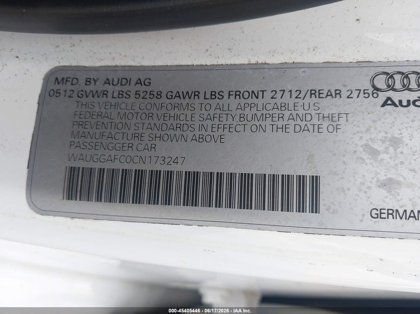 2012 Audi A6 VIN WAUGGAFC0CN173247 IAAI salvage auction — RIGHT FRONT, Salvage (Georgia), sold $1,425 on 2026-08-19 (photo 9)