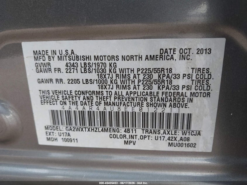 2014 Mitsubishi Outlander VIN 4A4AR4AU8EE012211 IAAI salvage auction — LEFT SIDE, Salvage Title, sold $1,250 on 2026-07-17 (photo 9)