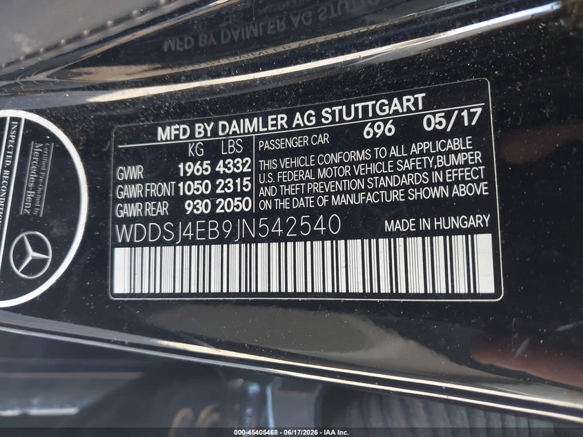 2018 Mercedes-benz Cla-klasse VIN WDDSJ4EB9JN542540 IAAI salvage auction — FRONT & REAR, Rebuildable (Florida), sold $1,300 on 2026-07-17 (photo 9)