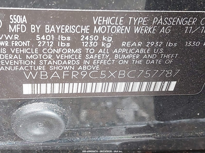 2011 BMW 5er VIN WBAFR9C5XBC757787 IAAI salvage auction — ROLLOVER, Clear (Virginia), sold $25 on 2026-07-21 (photo 9)