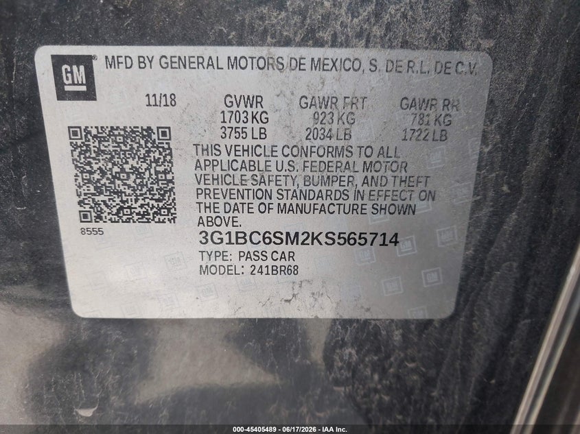 2019 Chevrolet Cruze VIN 3G1BC6SM2KS565714 IAAI salvage auction — UNKNOWN, Salvage (Missouri), sold $1,600 on 2026-07-19 (photo 9)