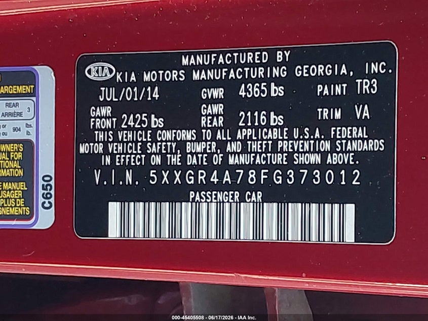 2015 Kia Optima VIN 5XXGR4A78FG373012 IAAI salvage auction — REAR END, Rebuildable (Florida), sold $800 on 2026-07-13 (photo 9)
