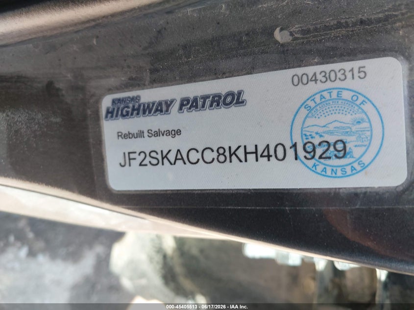 2019 Subaru Forester VIN JF2SKACC8KH401929 IAAI salvage auction — HAIL, Salvage (Kansas), sold $4,150 on 2026-07-29 (photo 9)