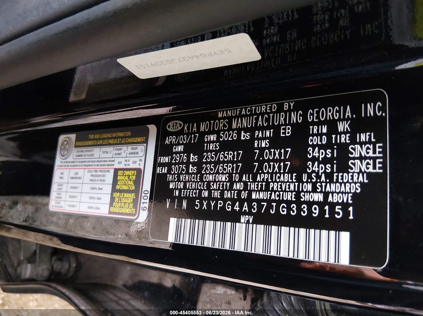 2018 Kia Sorento VIN 5XYPG4A37JG339151 IAAI salvage auction — FRONT END, Clear (Louisiana), sold $3,200 on 2026-07-20 (photo 9)