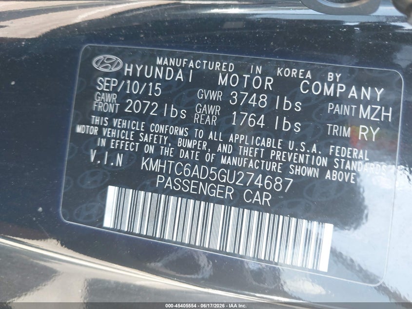 2016 Hyundai Veloster VIN KMHTC6AD5GU274687 IAAI salvage auction — REAR END, Salvage (Georgia), sold $500 on 2026-07-28 (photo 9)