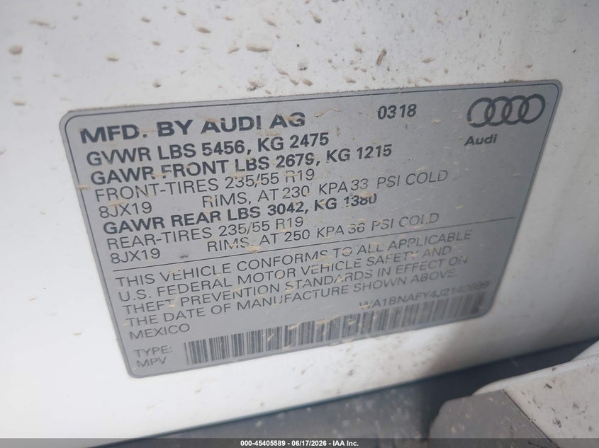 2018 Audi Q5 VIN WA1BNAFY4J2149699 IAAI salvage auction — LEFT SIDE, Salvage Title, sold $8,850 on 2026-07-14 (photo 9)