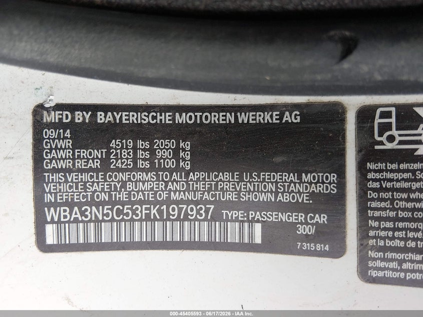 2015 BMW VIN WBA3N5C53FK197937 IAAI salvage auction — LEFT FRONT, Salvage (Pennsylvania), sold $1,500 on 2026-07-14 (photo 9)
